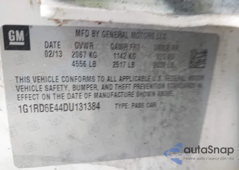 2013 Chevrolet Volt из США, поврежденный, VIN 1G1RD6E44DU131384